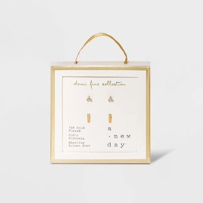 14K Gold Plated Cubic Zirconia And Bar Stud Duo Earrings - A New Day™ 2 14K Gold Plated Cubic Zirconia And Bar Stud Duo Earrings - A New Day™ - Image 2