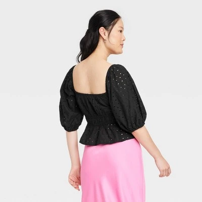 Women's Puff Elbow Sleeve Eyelet Shirt - A New Day™ 1 Women's Puff Elbow Sleeve Eyelet Shirt - A New Day™