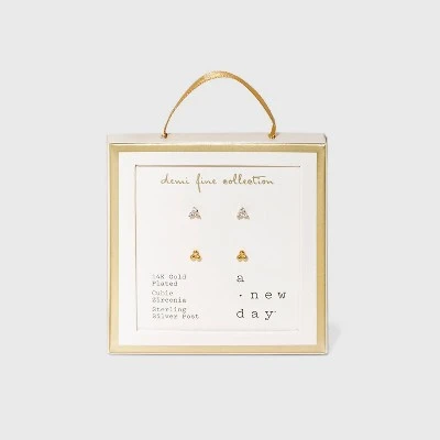 14K Gold Plated Cubic Zirconia Ball Cluster Stud Earring Set 2pc - A New Day™ 2 14K Gold Plated Cubic Zirconia Ball Cluster Stud Earring Set 2pc - A New Day™ - Image 2