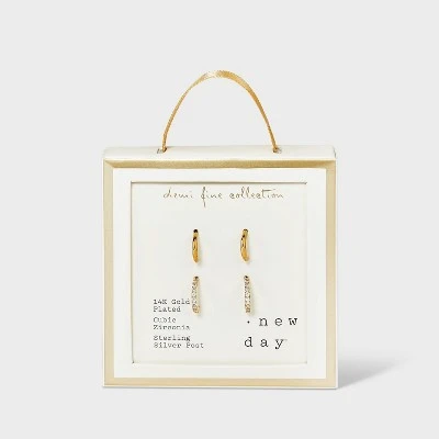 14K Gold Plated Polished Cubic Zirconia Hoop Duo Earring Set - A New Day™ Gold 2 14K Gold Plated Polished Cubic Zirconia Hoop Duo Earring Set - A New Day™ Gold - Image 2