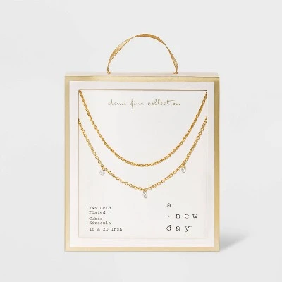 14K Gold Plated Pierced Cubic Zirconia Duo Necklace - A New Day™ 2 14K Gold Plated Pierced Cubic Zirconia Duo Necklace - A New Day™ - Image 2