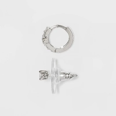 Sterling Silver Cubic Zirconia Stud And Huggie Hoop Trio Earring Set - A New Day™ 1 Sterling Silver Cubic Zirconia Stud And Huggie Hoop Trio Earring Set - A New Day™