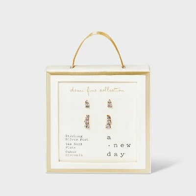 14K Gold Plated Cubic Zirconia Duo Stud Earring Set - A New Day™ Gold 2 14K Gold Plated Cubic Zirconia Duo Stud Earring Set - A New Day™ Gold - Image 2