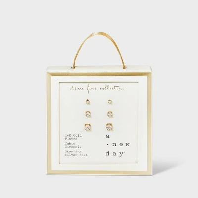 14K Gold Plated Cubic Zirconia Trio Stud Earring Set - A New Day™ Gold 2 14K Gold Plated Cubic Zirconia Trio Stud Earring Set - A New Day™ Gold - Image 2