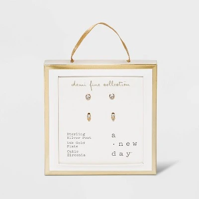 14K Gold Plated Cubic Zirconia Triple Circle Stud Earring Set 2pc - A New Day™ 2 14K Gold Plated Cubic Zirconia Triple Circle Stud Earring Set 2pc - A New Day™ - Image 2