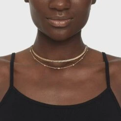 Herringbone And Ball Chain Necklace 2pc - A New Day™ Metallic Gold