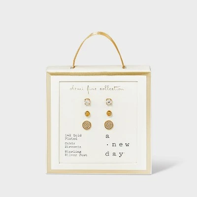 14K Gold Plated Cubic Zirconia Ball Pave Trio Stud Earring Set - A New Day™ Gold 2 14K Gold Plated Cubic Zirconia Ball Pave Trio Stud Earring Set - A New Day™ Gold - Image 2