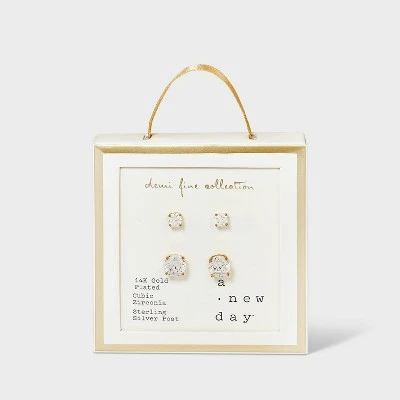 14K Gold Plated Cubic Zirconia Duo Stud Earring Set 2pc - A New Day™ Gold 2 14K Gold Plated Cubic Zirconia Duo Stud Earring Set 2pc - A New Day™ Gold - Image 2