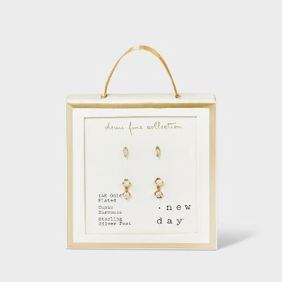 14K Gold Plated Cubic Zirconia Marquise And Dangle Duo Stud Earring Set - A New Day™ Gold 2 14K Gold Plated Cubic Zirconia Marquise And Dangle Duo Stud Earring Set - A New Day™ Gold - Image 2