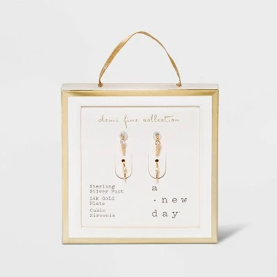 14K Gold Plated Beaded Hoop Cubic Zirconia Earring Set 2pc - A New Day™ 2 14K Gold Plated Beaded Hoop Cubic Zirconia Earring Set 2pc - A New Day™ - Image 2